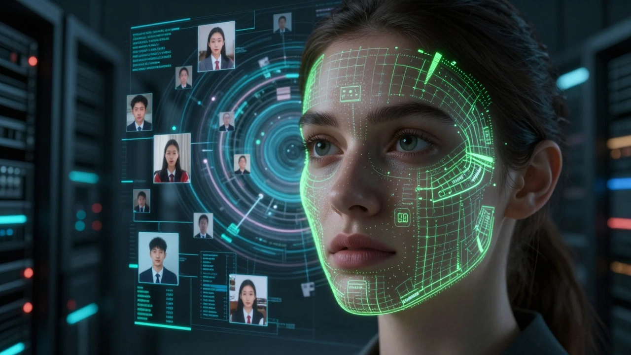 A digital facial map with 80+ glowing measurement points overlaid on a woman&#039;s face, surrounded by data streams.