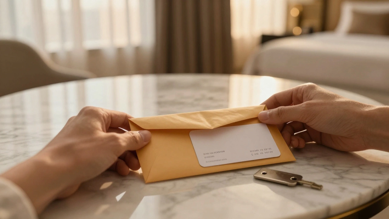 A sealed envelope and keycard placed on marble in a hotel suite, symbolizing trust and anonymity in a private encounter.