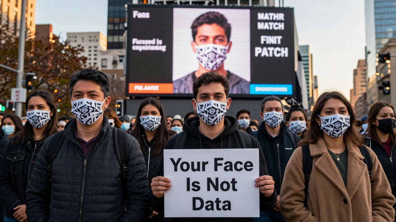 Activists wearing patterned face masks in a city square, defying facial recognition technology with quiet resistance.
